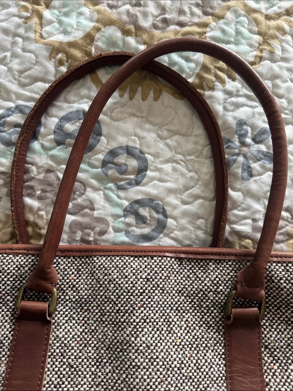 Vintage L.L. Bean Tan Tweed Tote with Brown Leather Trim and Handles